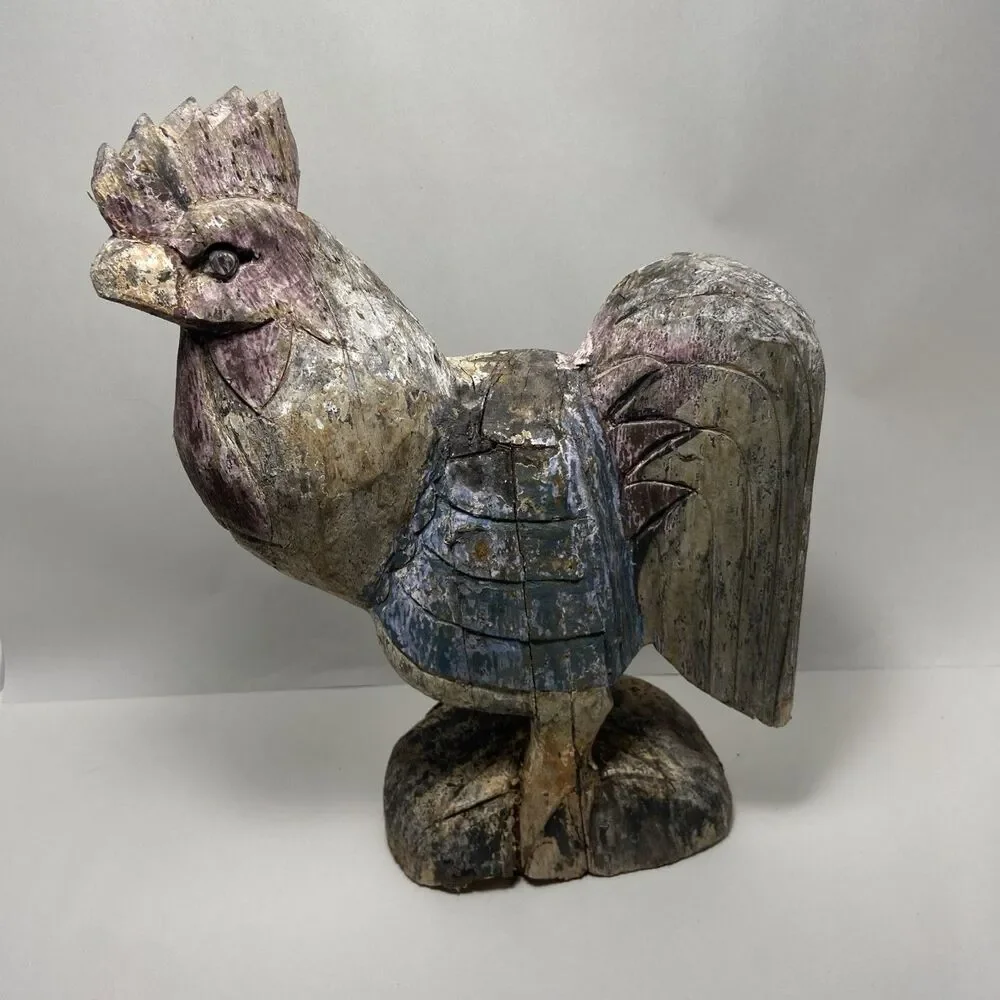 Vintage Hand Carved Wooden Rooster Figurine Rustic Farmhouse Decor 13” Tall